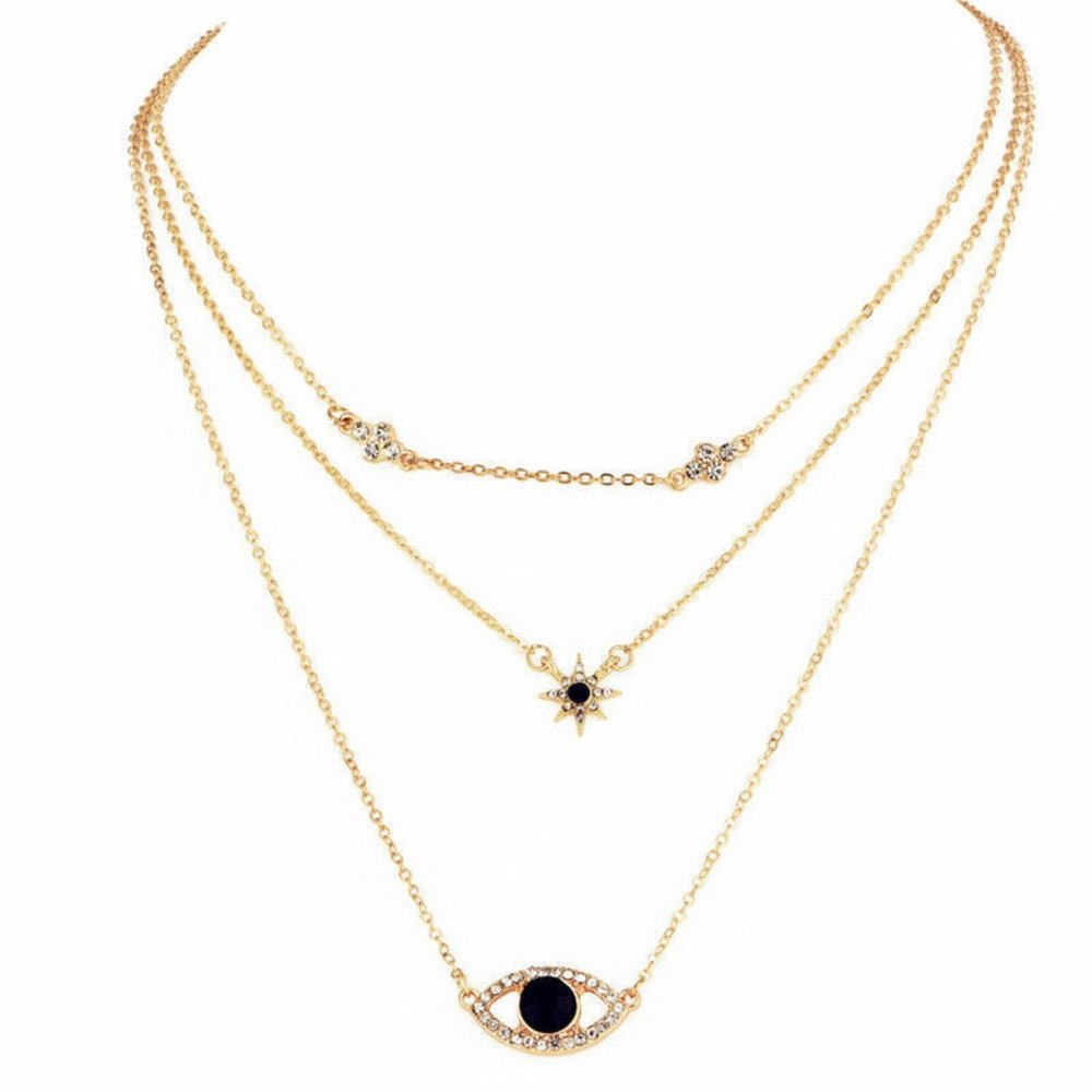 Gold Tone Boho Crystal Star Evil Eye Necklace
